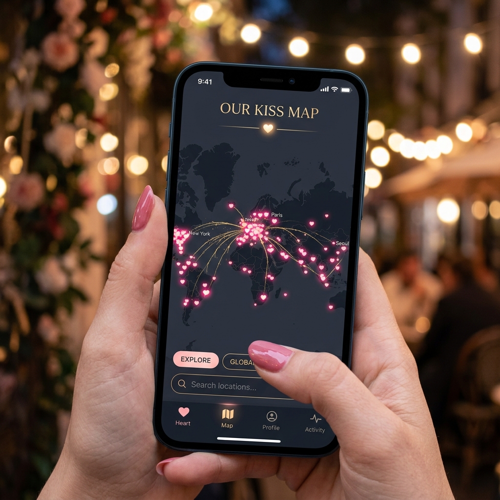 App de Muak mostrando un mapa con besos registrados